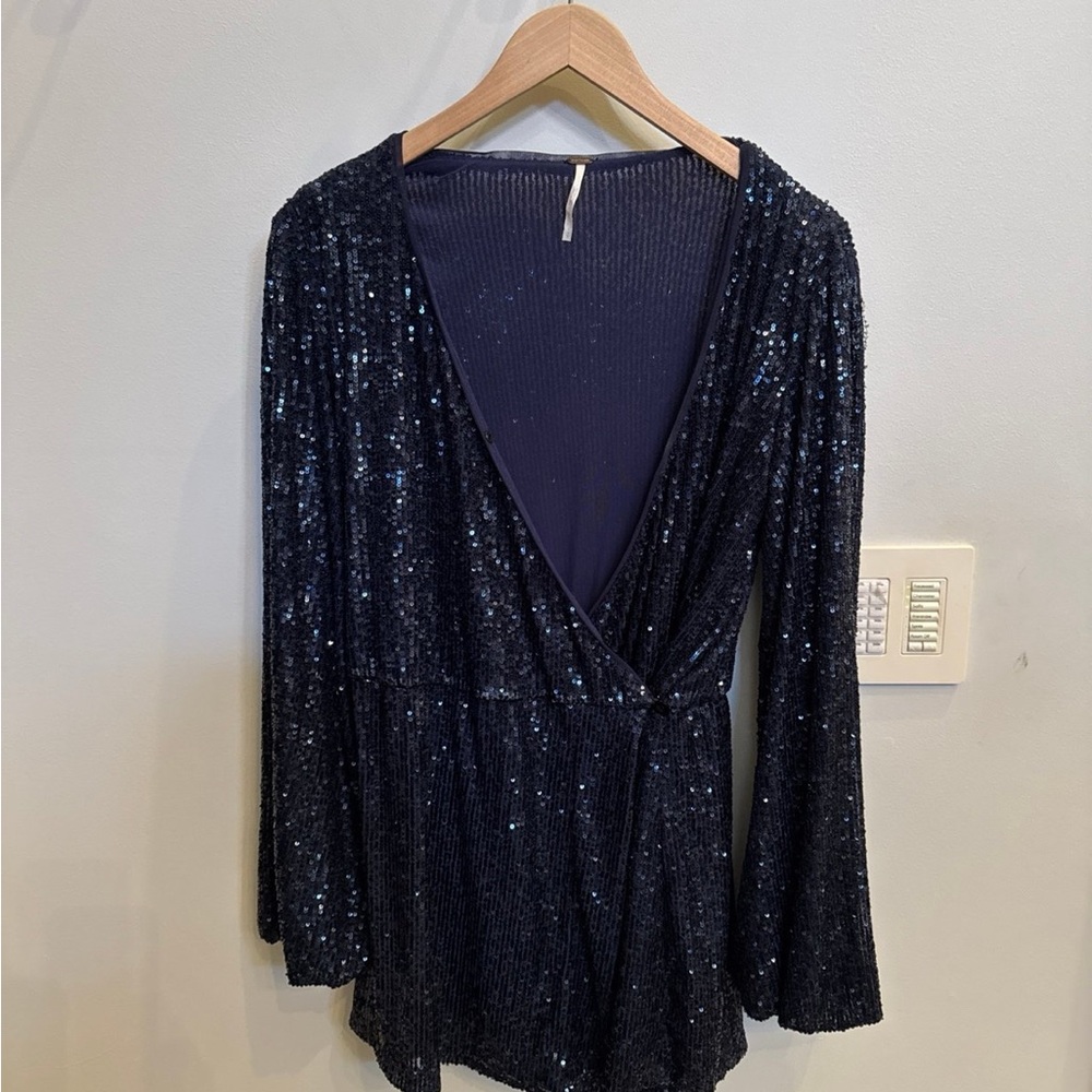 Free People Sparkling Navy Blue Sequin wrap dress